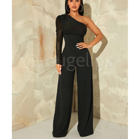 One Mesh Shoulder Black Elegant Jumpsuit High Waist Long Wide Leg - Picture 1 of 10